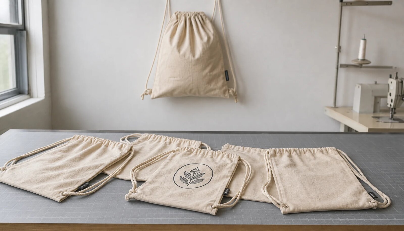 Cotton drawstring backpacks in a factory sample room with visible CTM side label and printed logo proof