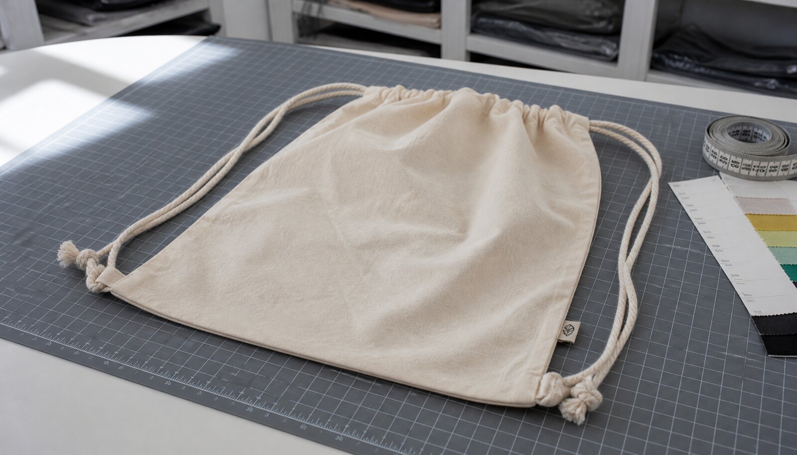 Custom cotton drawstring backpack with a small CottonToMaker side label shown in a factory sample room