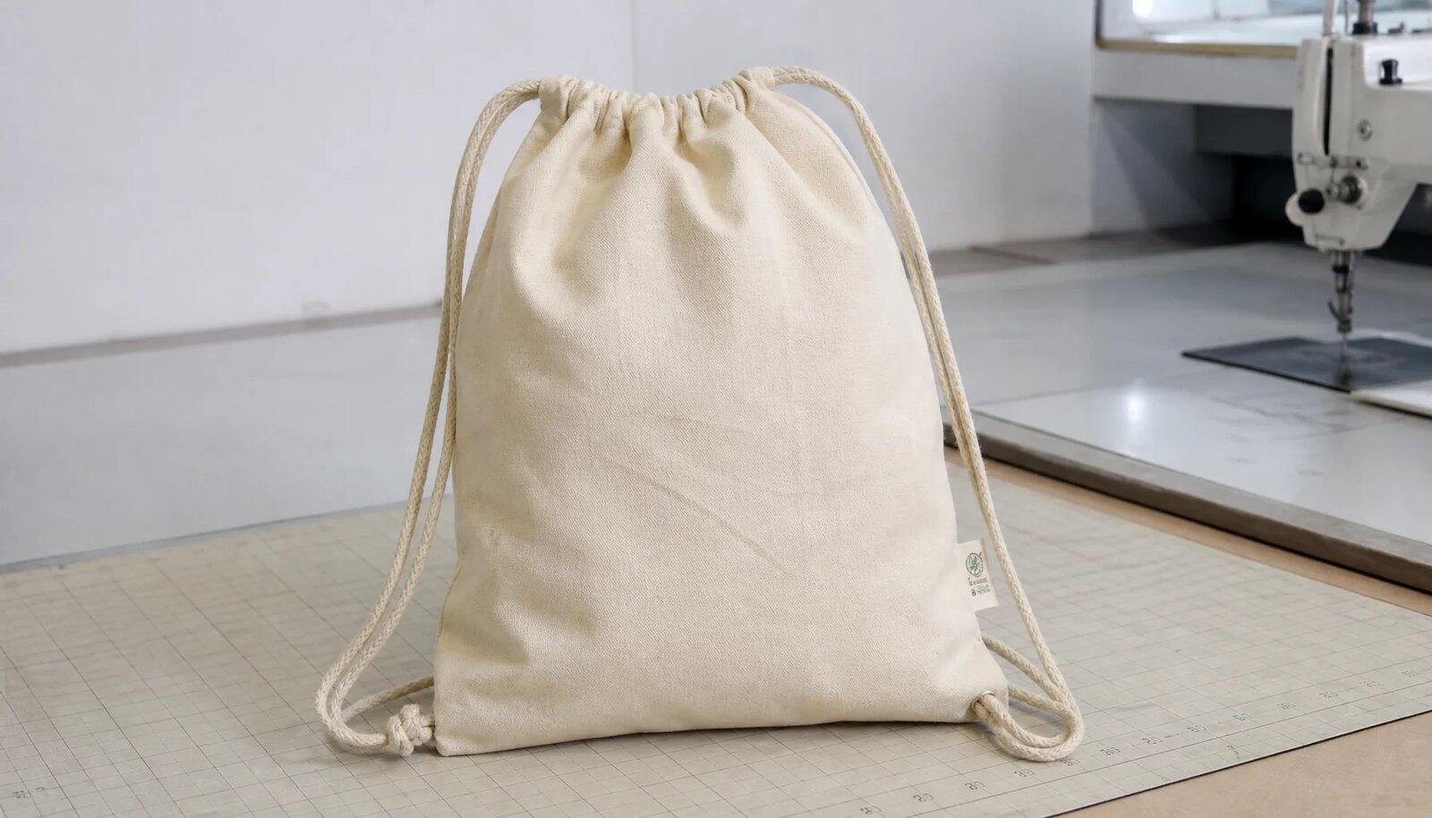 Natural cotton drawstring backpack with a small CTM sample logo in a factory sample room.