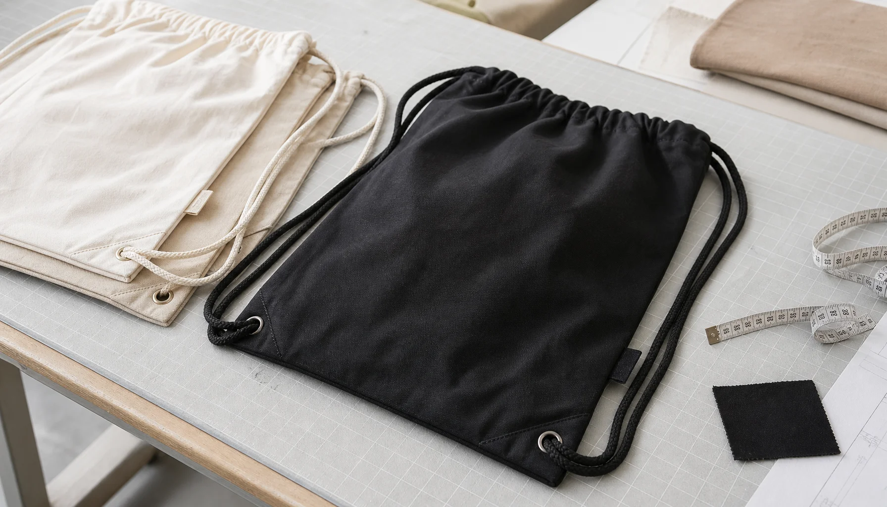 Custom cotton drawstring backpacks with a simple CTM sample logo shown in a clean factory sample room