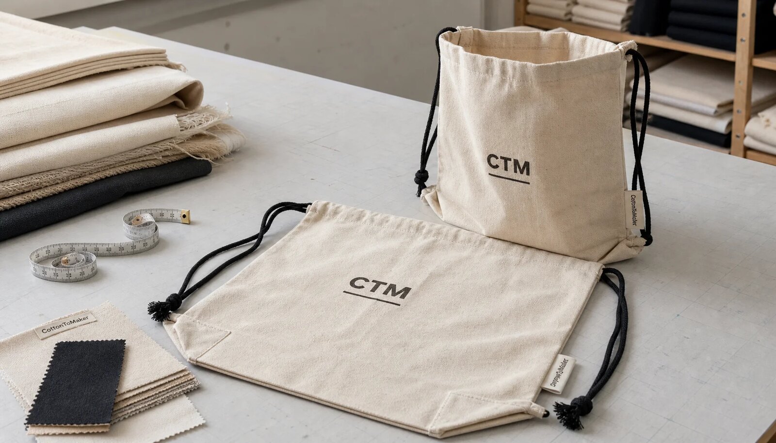Custom cotton drawstring backpacks with CTM sample logo in a factory sample room