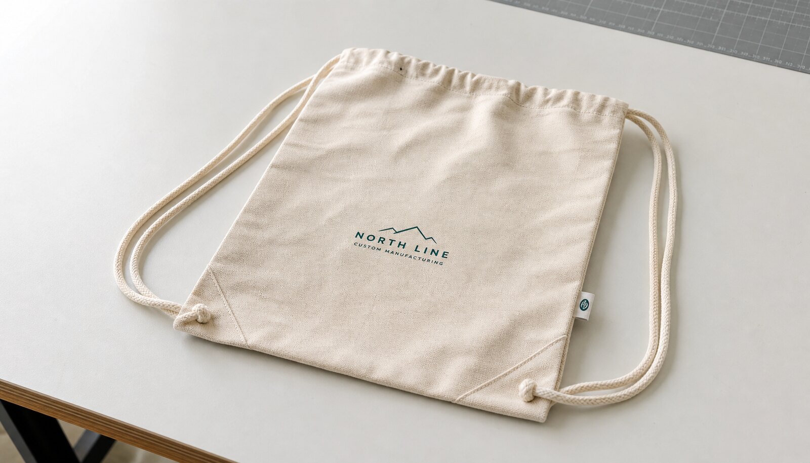Photorealistic custom cotton drawstring backpack sample with reinforced corners and simple CTM logo in a factory sample room