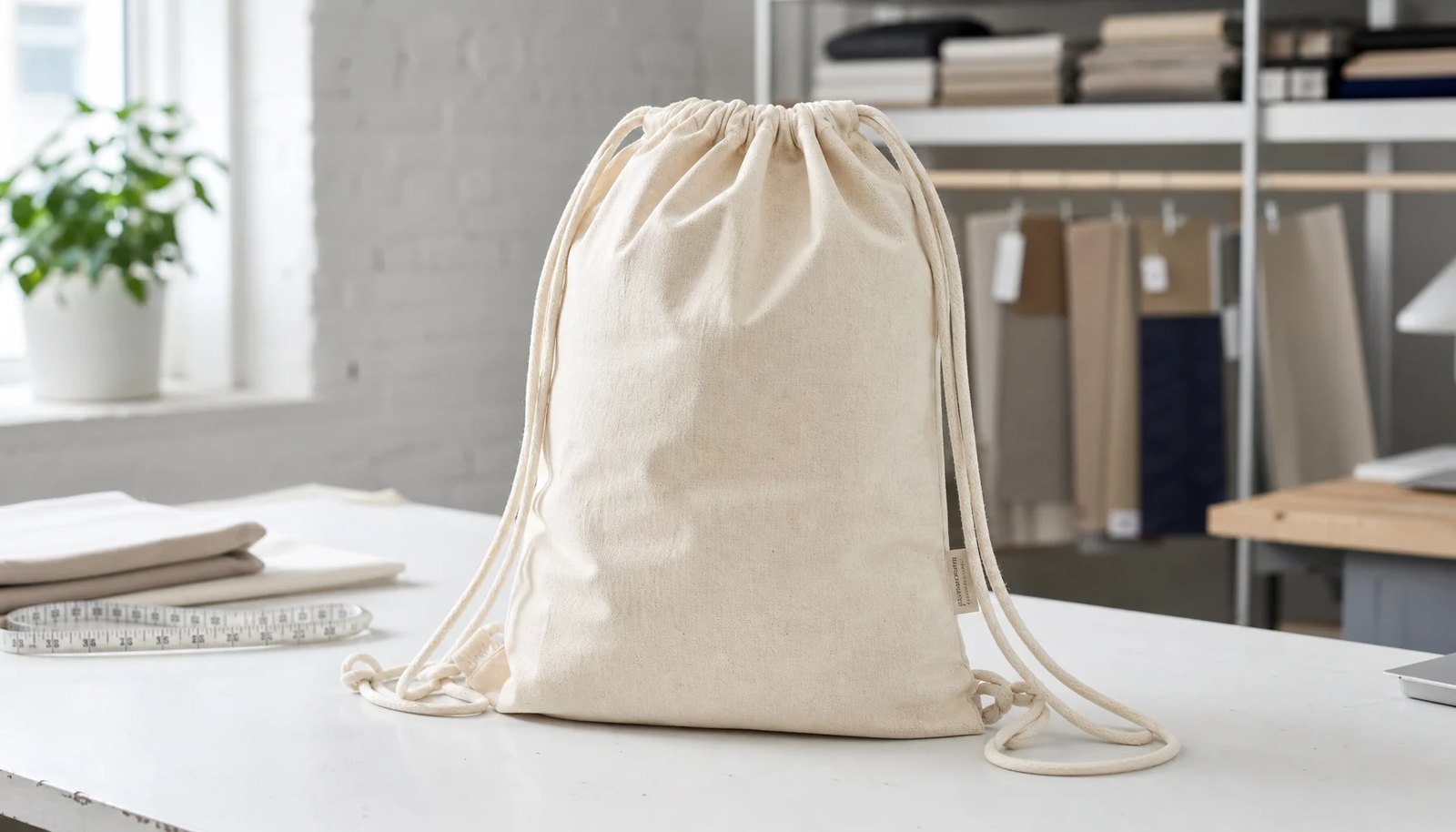 Photorealistic custom cotton drawstring backpack with a small CTM CottonToMaker logo in a clean factory sample room.