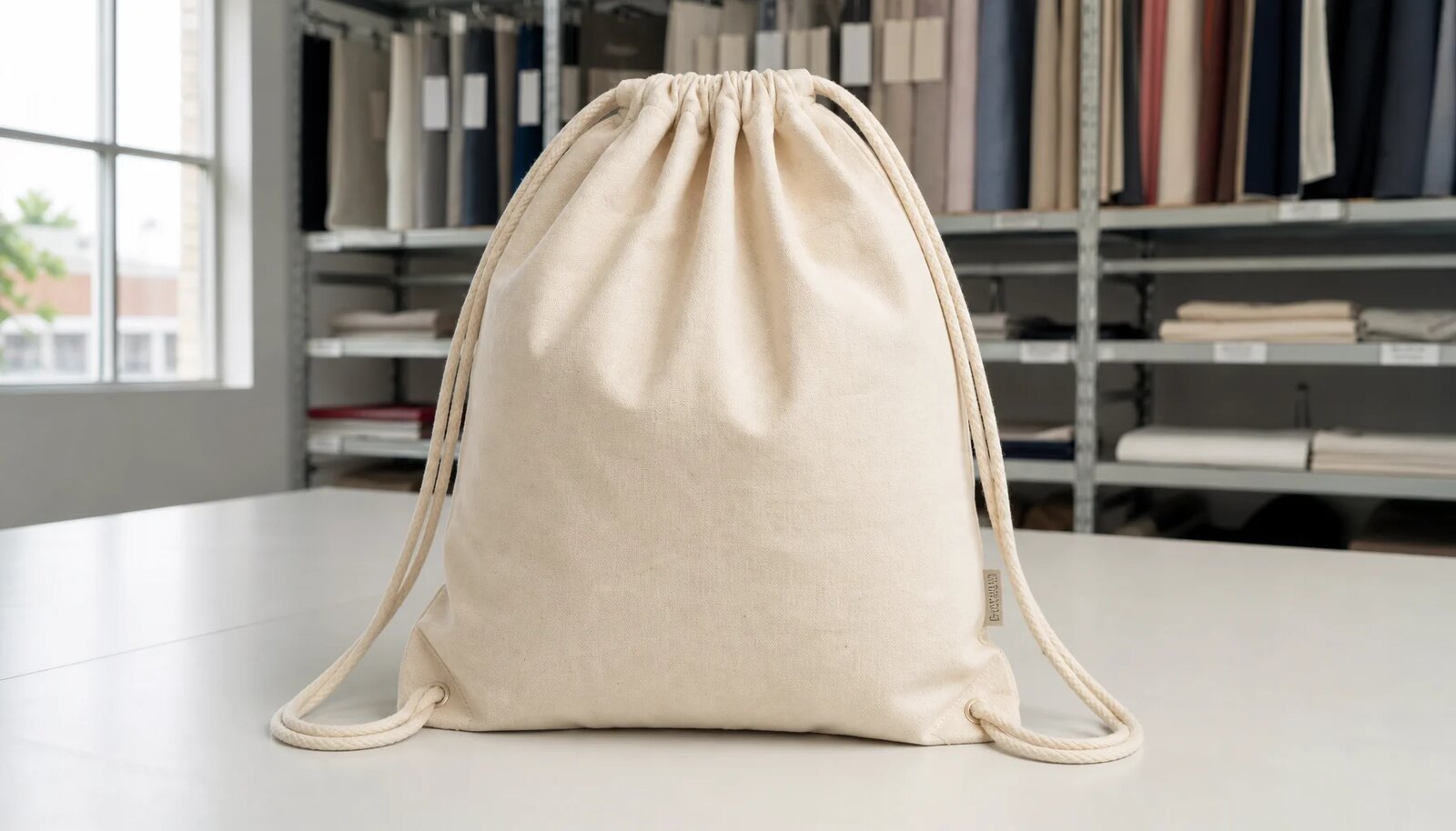 Natural cotton drawstring backpack in a factory sample room with a small CTM/CottonToMaker side label