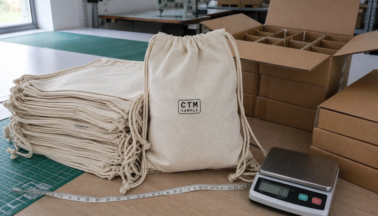 Custom cotton drawstring backpacks with CTM sample logo packed in export cartons for craft fair shipping planning