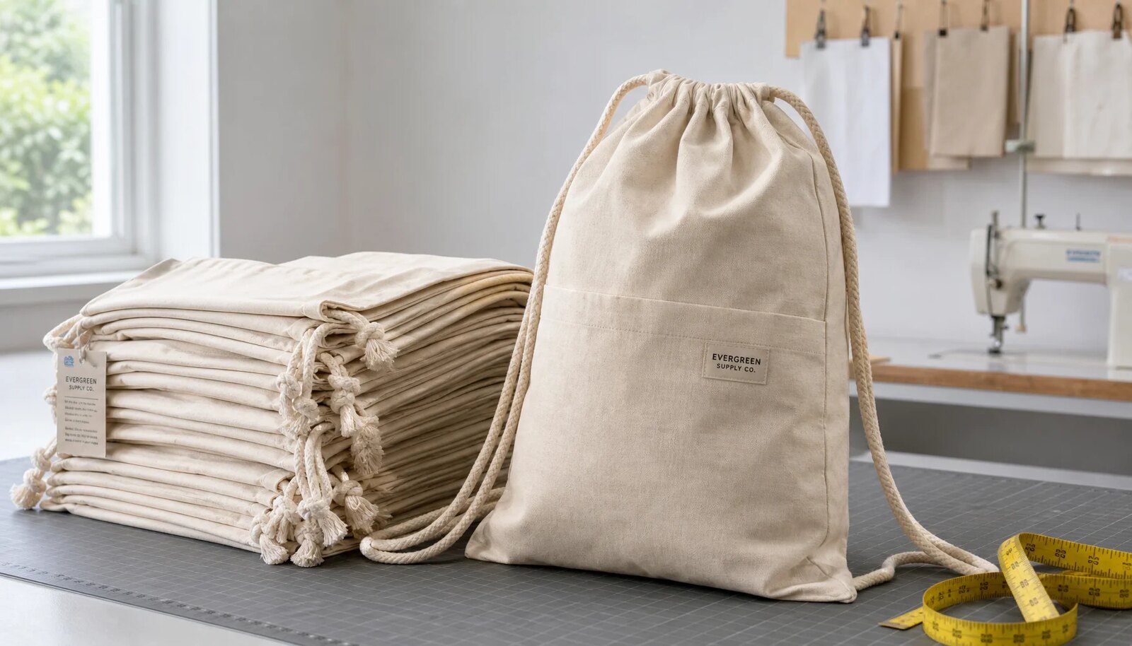 Natural cotton drawstring backpacks with a small CTM sample logo shown in a factory sample room.