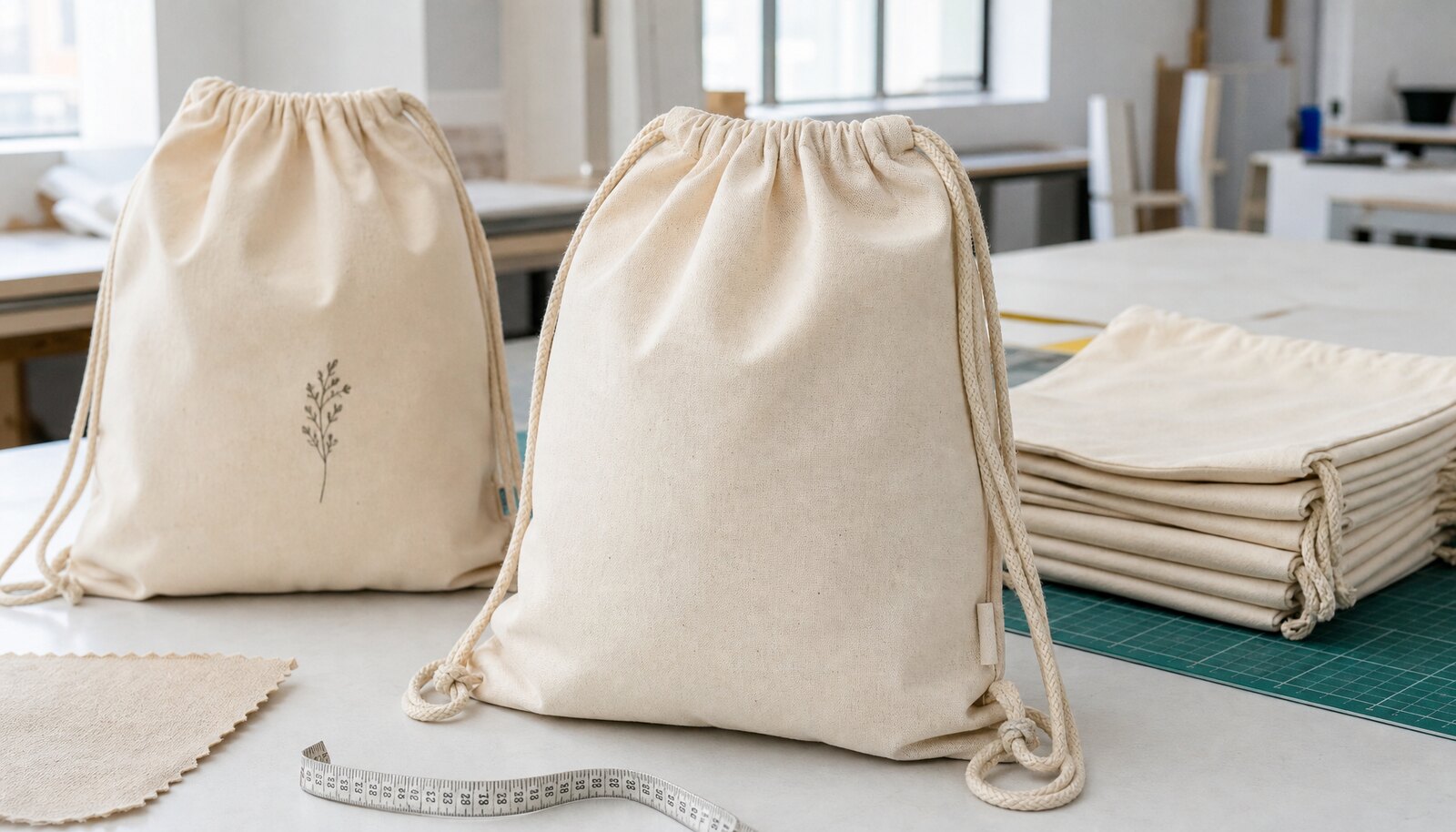 Natural cotton drawstring backpacks with a small CTM sample logo sewn on the side label in a factory sample room