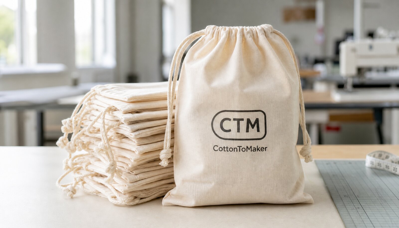 Photorealistic custom cotton drawstring pouch with a simple CTM CottonToMaker logo printed on the front in a factory sample room