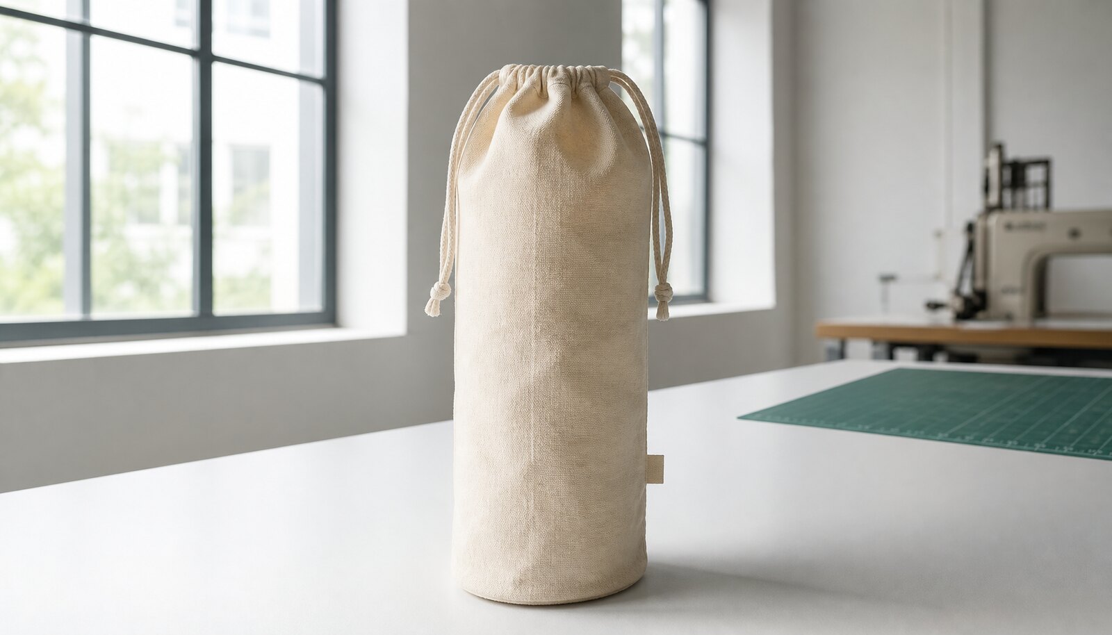 Photorealistic custom cotton drawstring pouch for a boutique winery sample in a factory room.