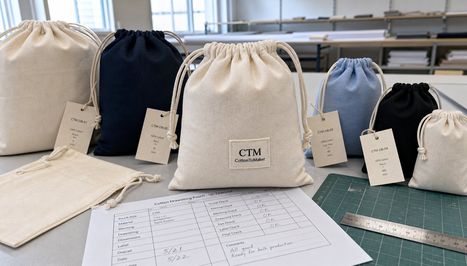 Custom cotton drawstring pouches with a test logo, sample tags, and quality check materials in a factory sample room