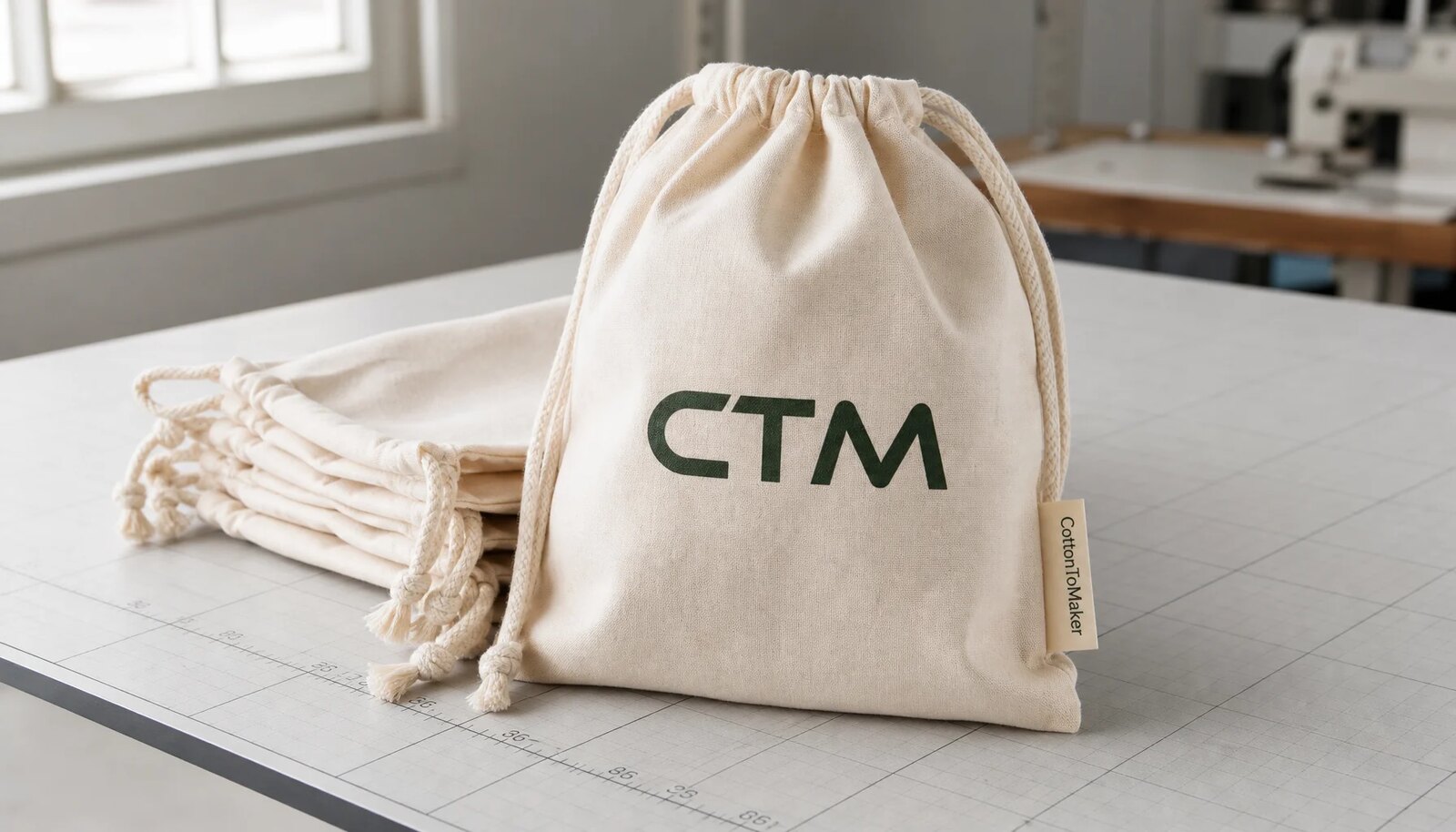 Natural cotton drawstring pouches with a simple CTM logo printed on the front and a sewn CottonToMaker side label in a factory sample room.