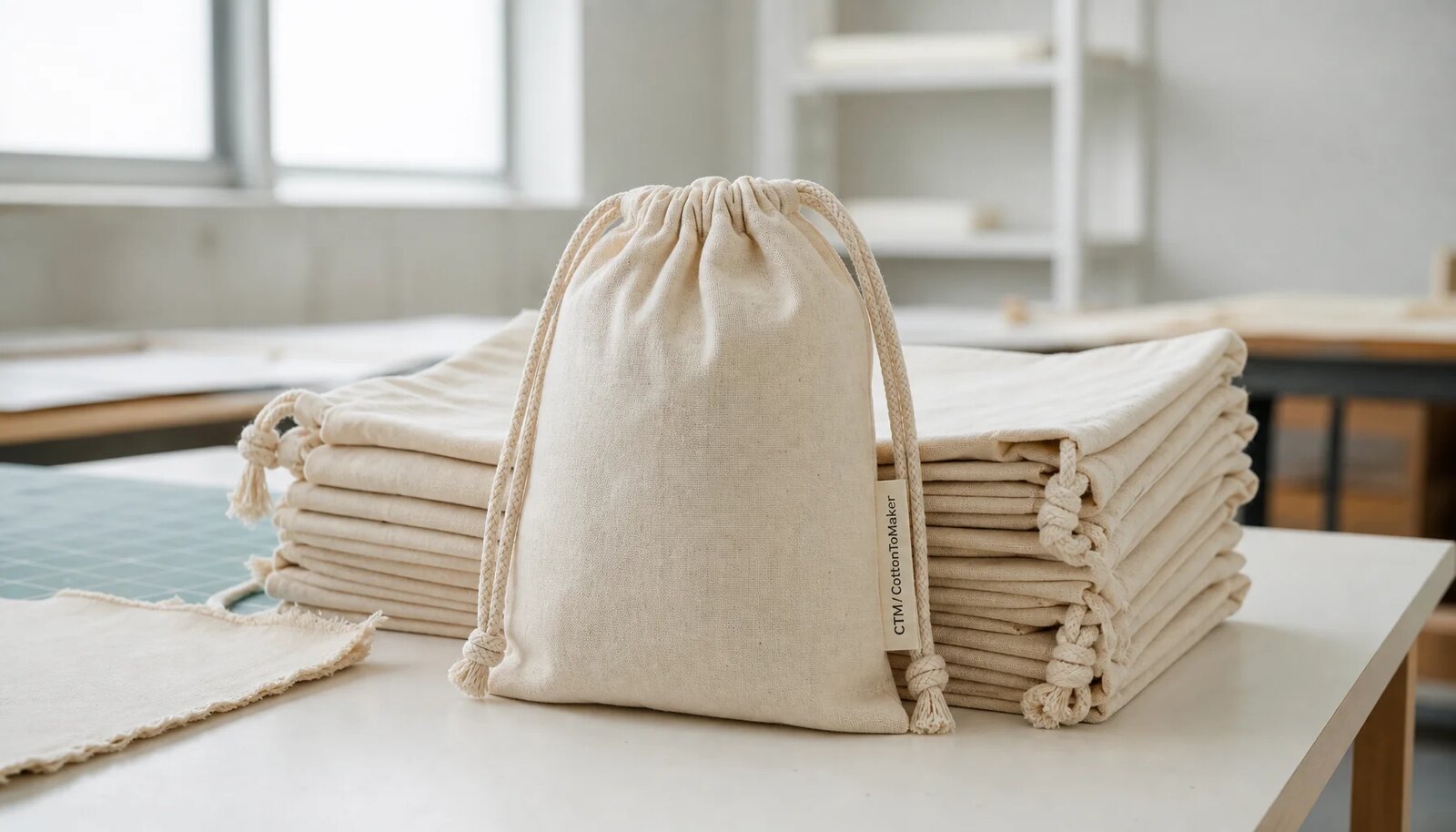 Natural cotton drawstring pouches with a small CTM woven side label in a factory sample room