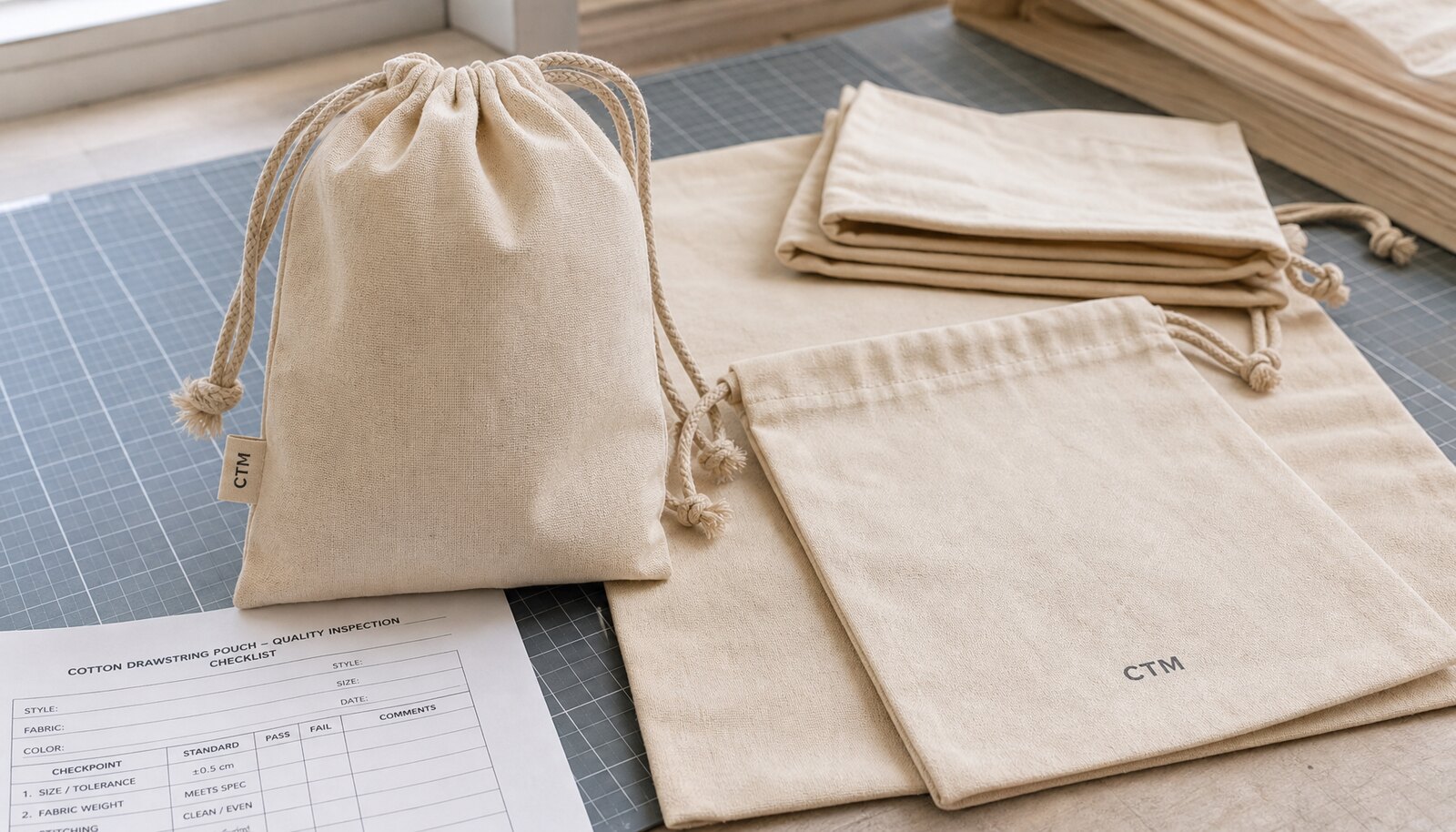 Custom cotton drawstring pouches with a simple CTM woven side label in a clean factory sample room