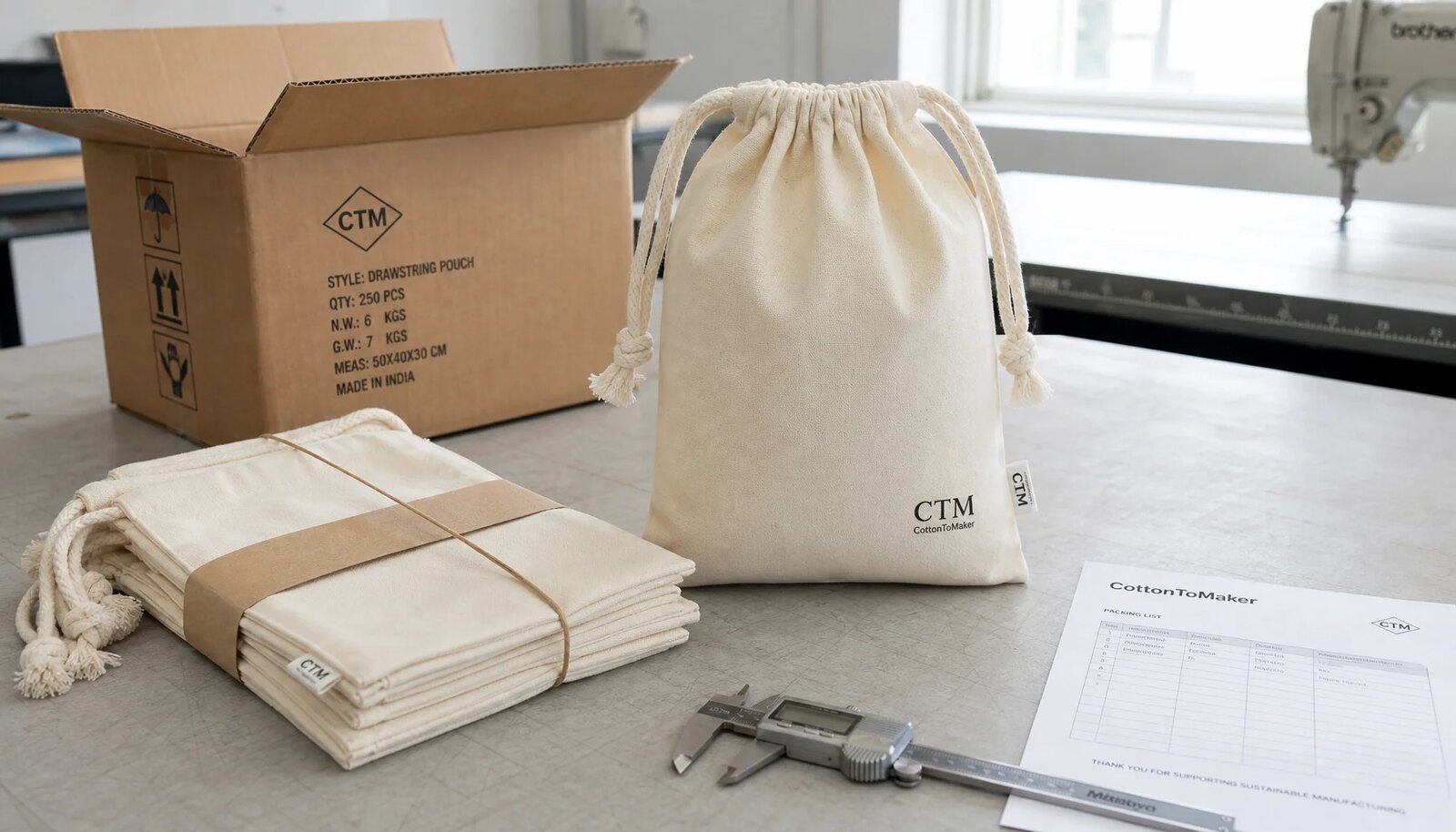 Custom cotton drawstring pouches with CTM logo packed beside an export carton in a factory sample room