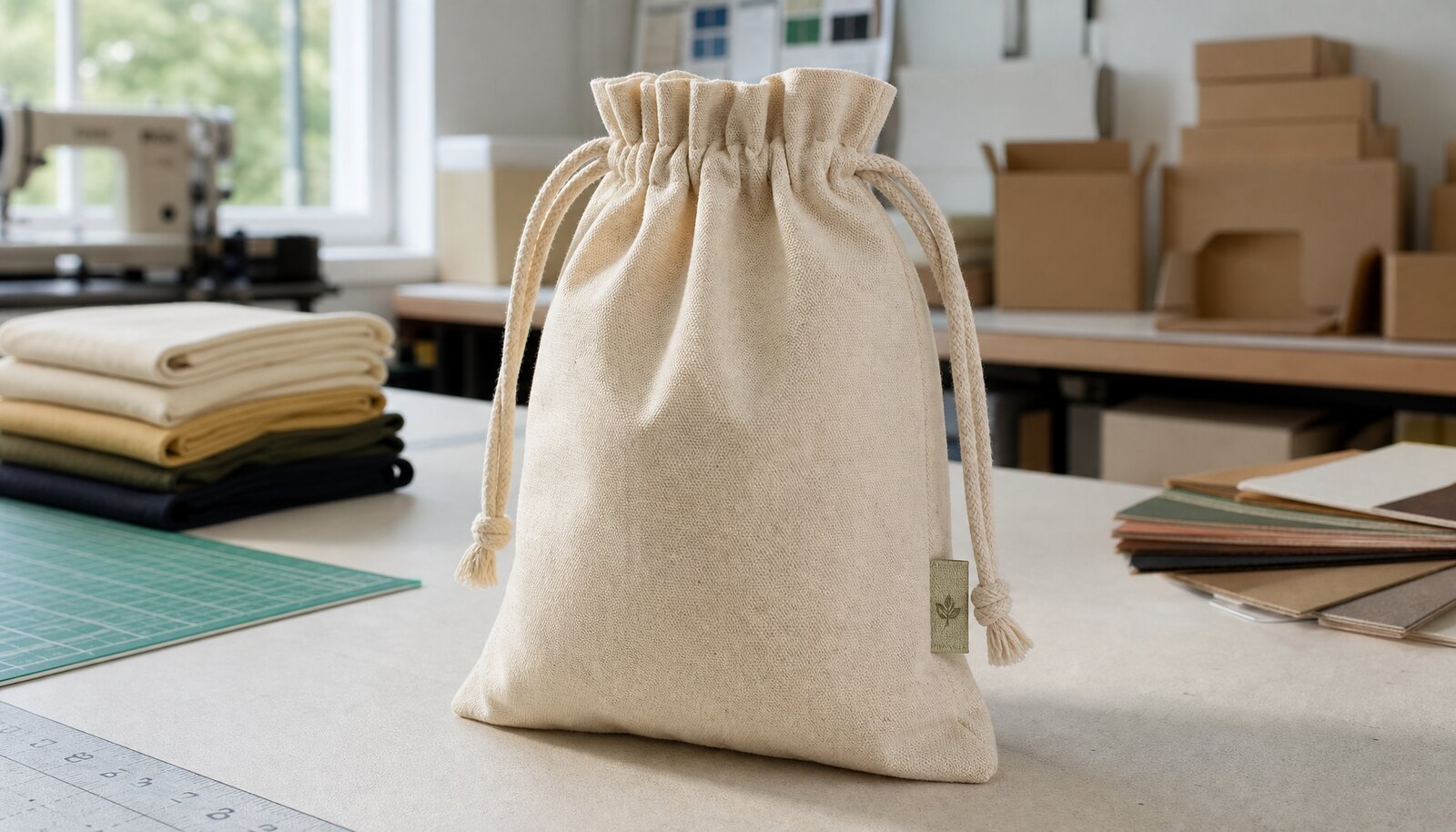 Natural cotton drawstring pouch with a sewn CTM/CottonToMaker side label photographed in a clean factory sample room.