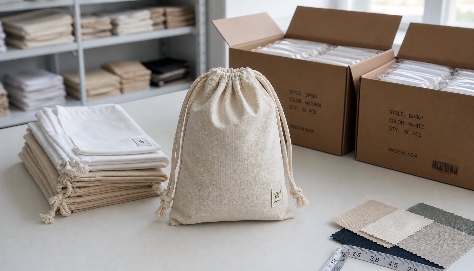 Custom cotton drawstring pouches with a simple CottonToMaker side label shown in a factory sample room