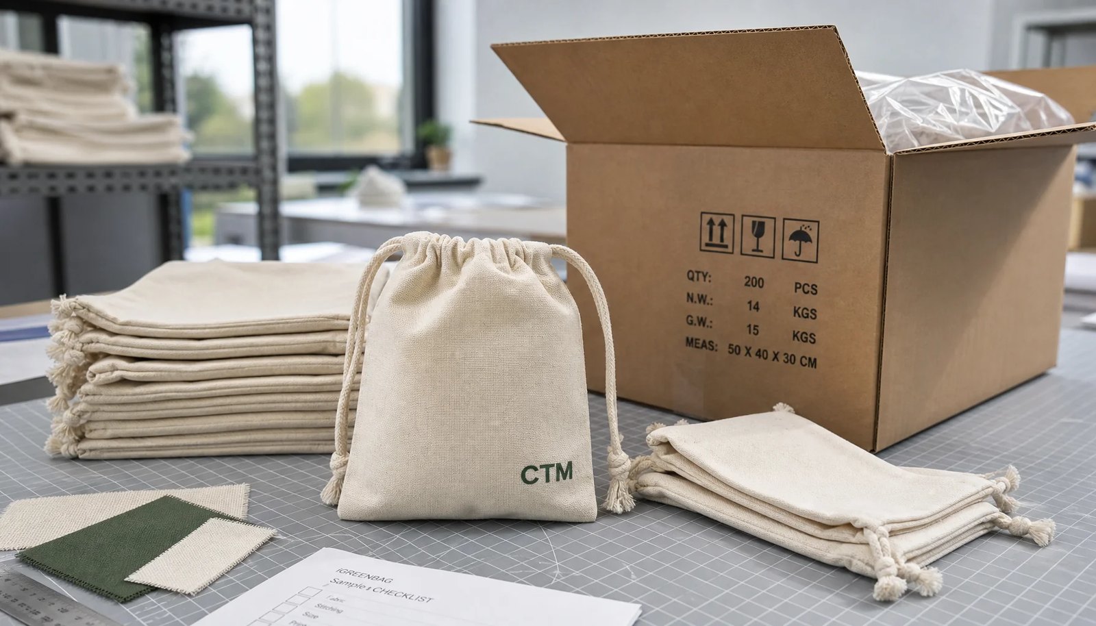 Custom cotton drawstring pouches with CTM sample logo packed beside an export carton in a factory sample room