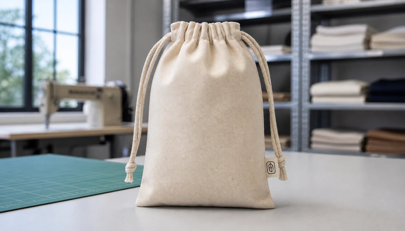 Photorealistic cotton drawstring pouch with a small CTM sample label in a factory sample room