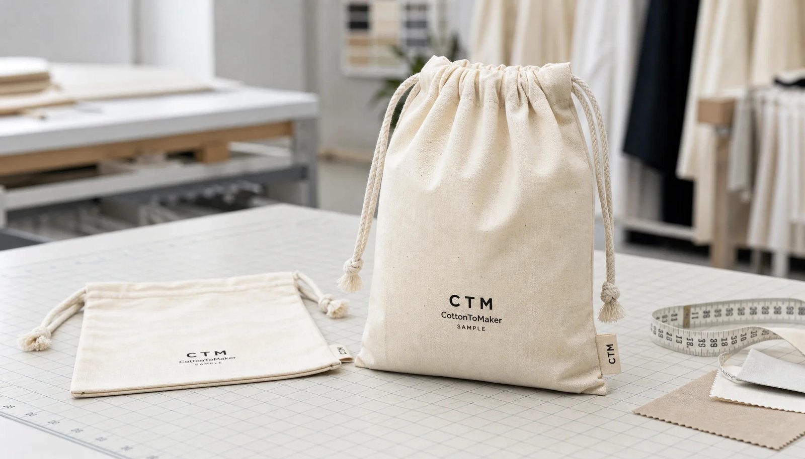 Natural cotton drawstring pouches with CTM sample logo on a factory sample table