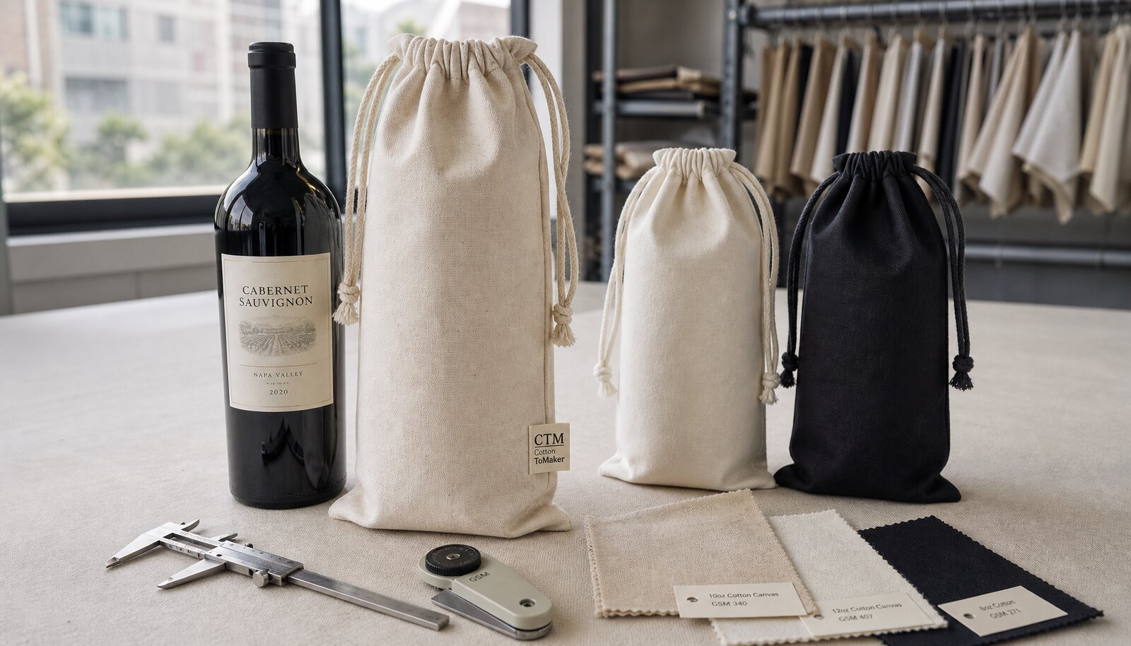 Custom cotton drawstring pouches with a small CTM side label shown beside a wine bottle and fabric swatches for winery sourcing review.
