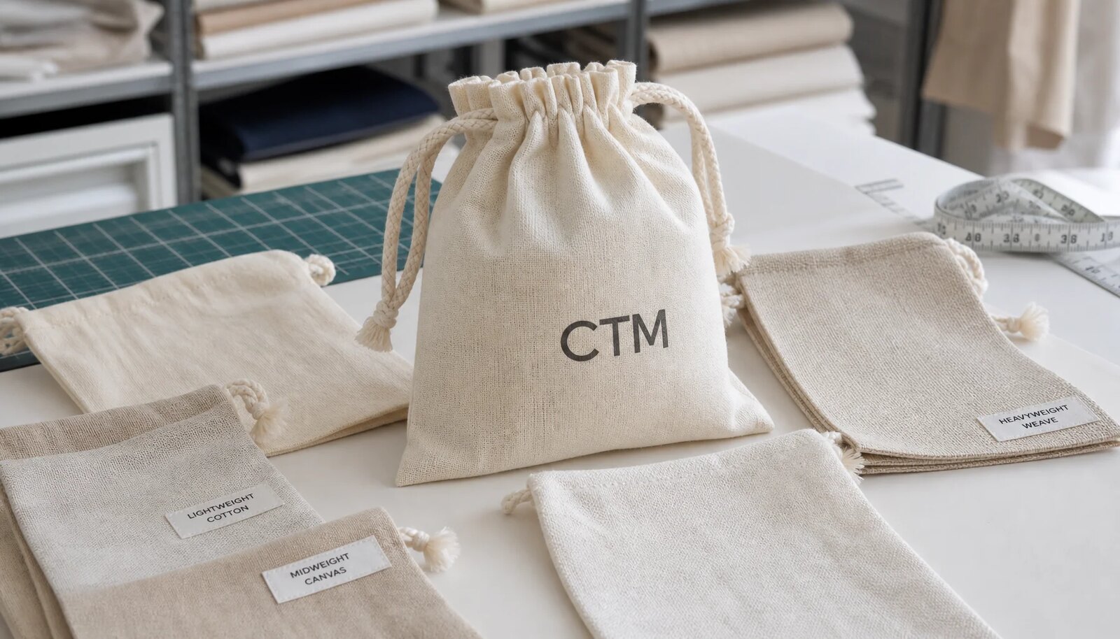 Custom cotton drawstring pouches with a simple CTM logo in a factory sample room