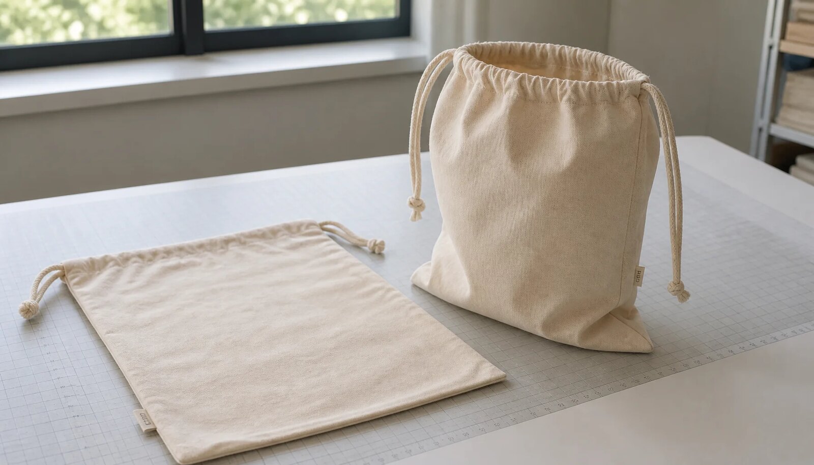 Custom cotton drawstring pouch with a CTM sample logo in a factory sample room