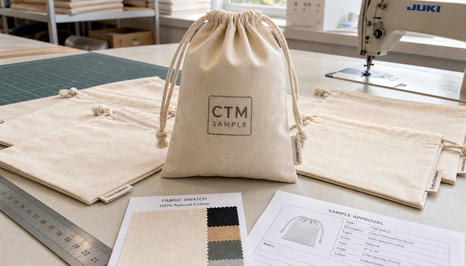 Custom cotton drawstring pouches with CTM logo sample in a factory sample room