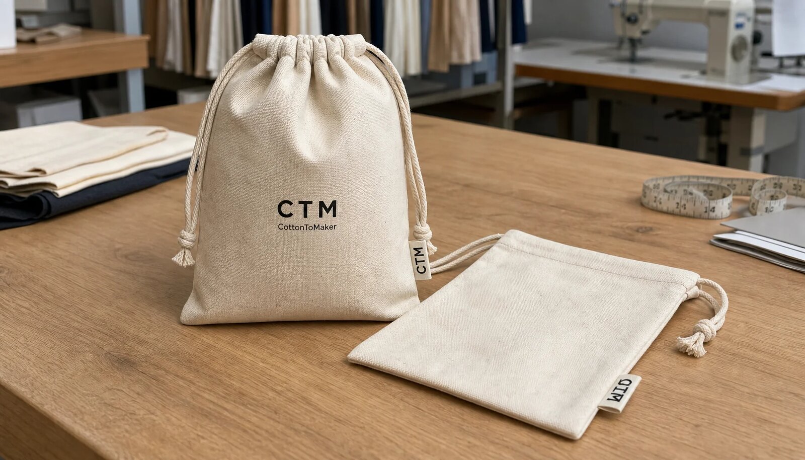 Custom cotton drawstring pouches with CTM sample logo on a factory sample table