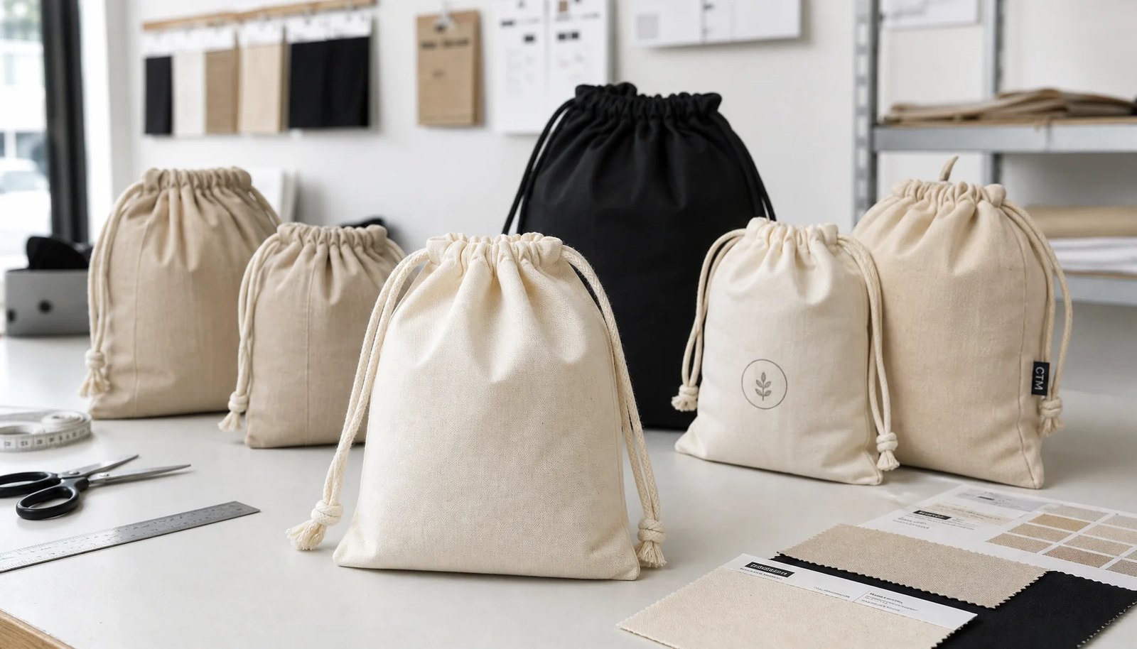 Cotton drawstring pouches in a factory sample room with sample tools and finished branding details