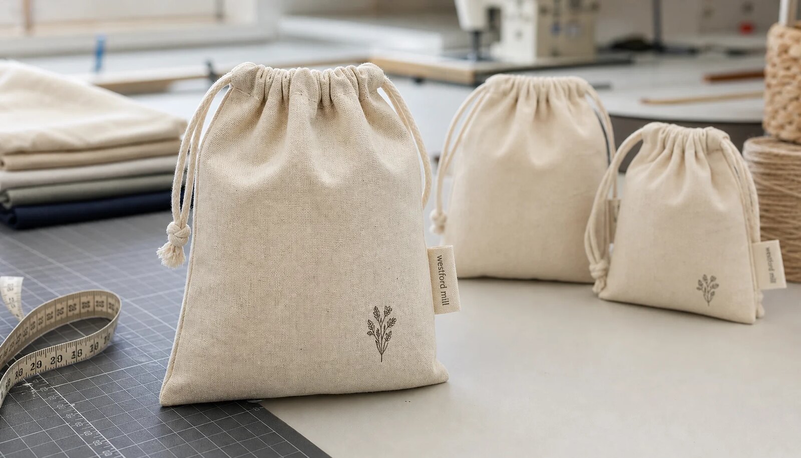 Natural cotton drawstring pouches with a CTM sample logo and sewn side label in a clean factory sample room.