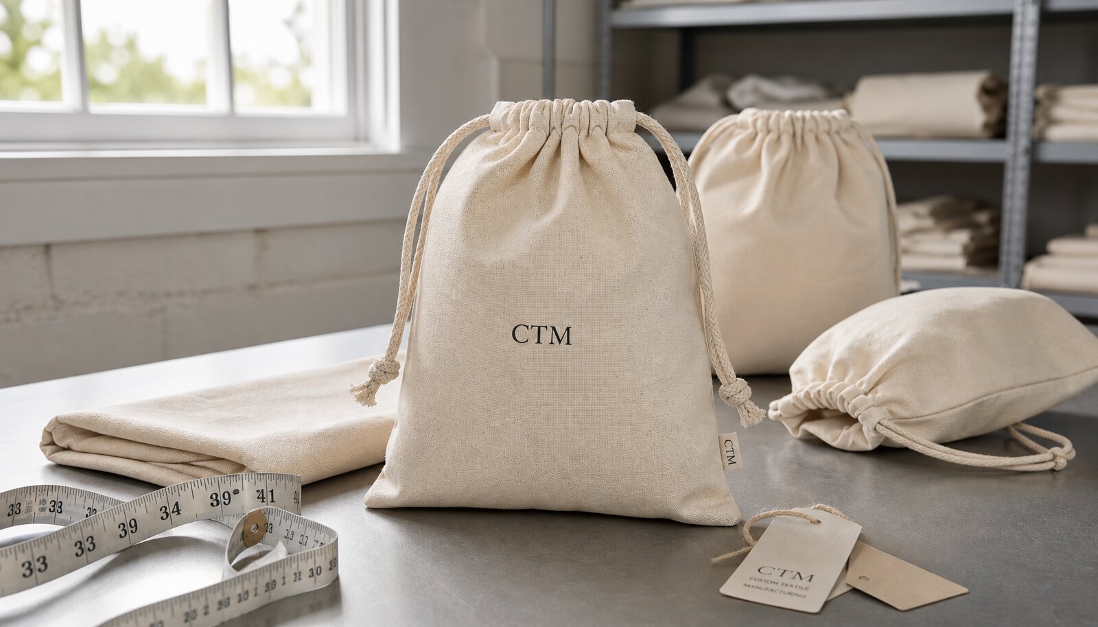 Cotton drawstring pouch sample with a simple CTM logo printed in a factory sample room