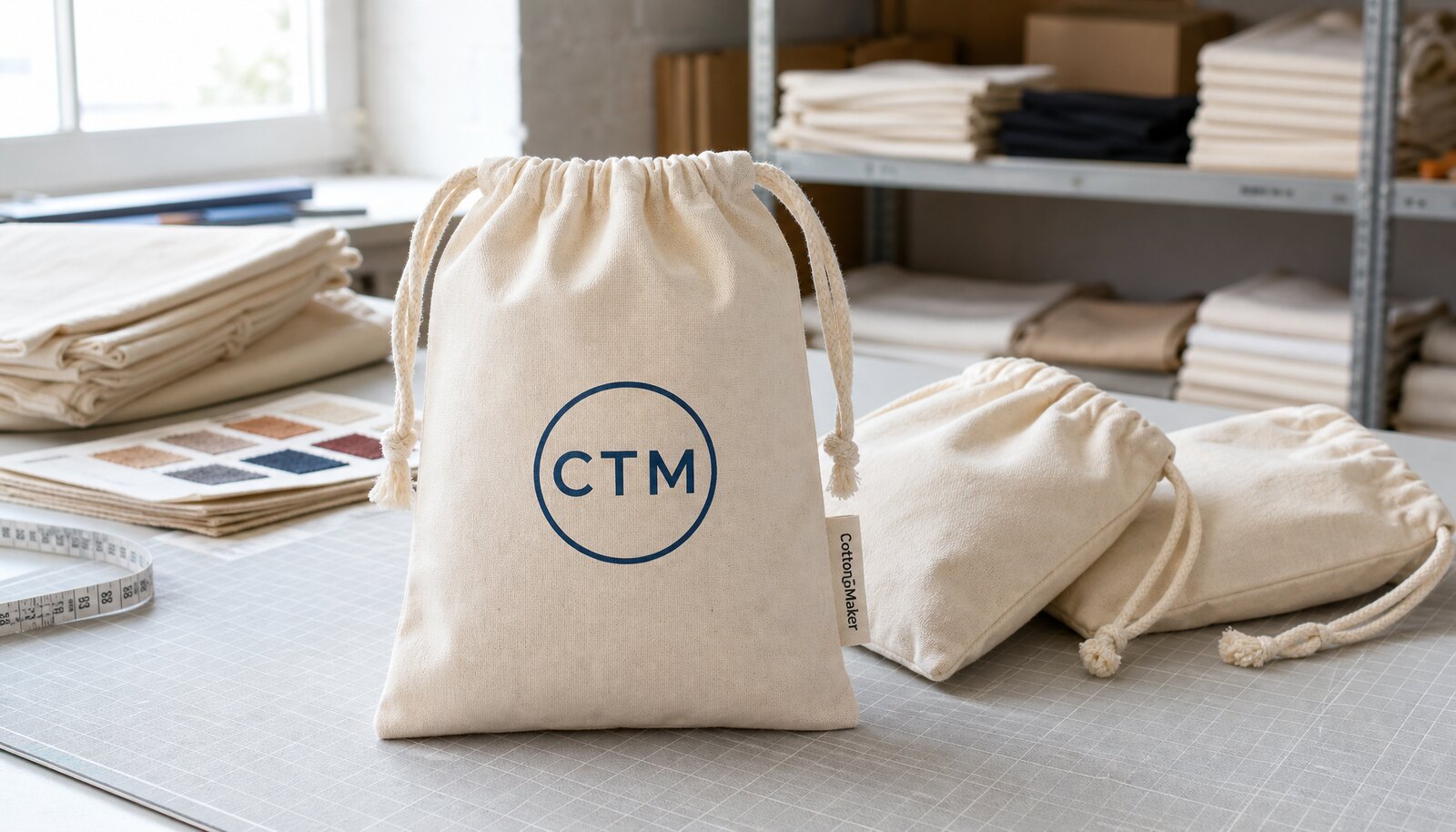Natural cotton drawstring pouches in a factory sample room, with a simple CTM logo printed on the front and a woven side label sewn in place.