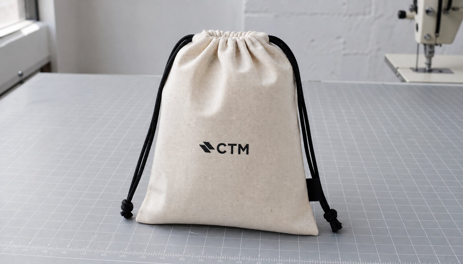 Natural cotton drawstring pouch with a simple CTM logo screen printed on the front in a factory sample room.