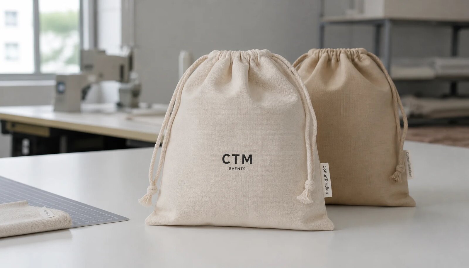 Natural cotton drawstring pouch with a small CTM logo print and woven side label in a factory sample room