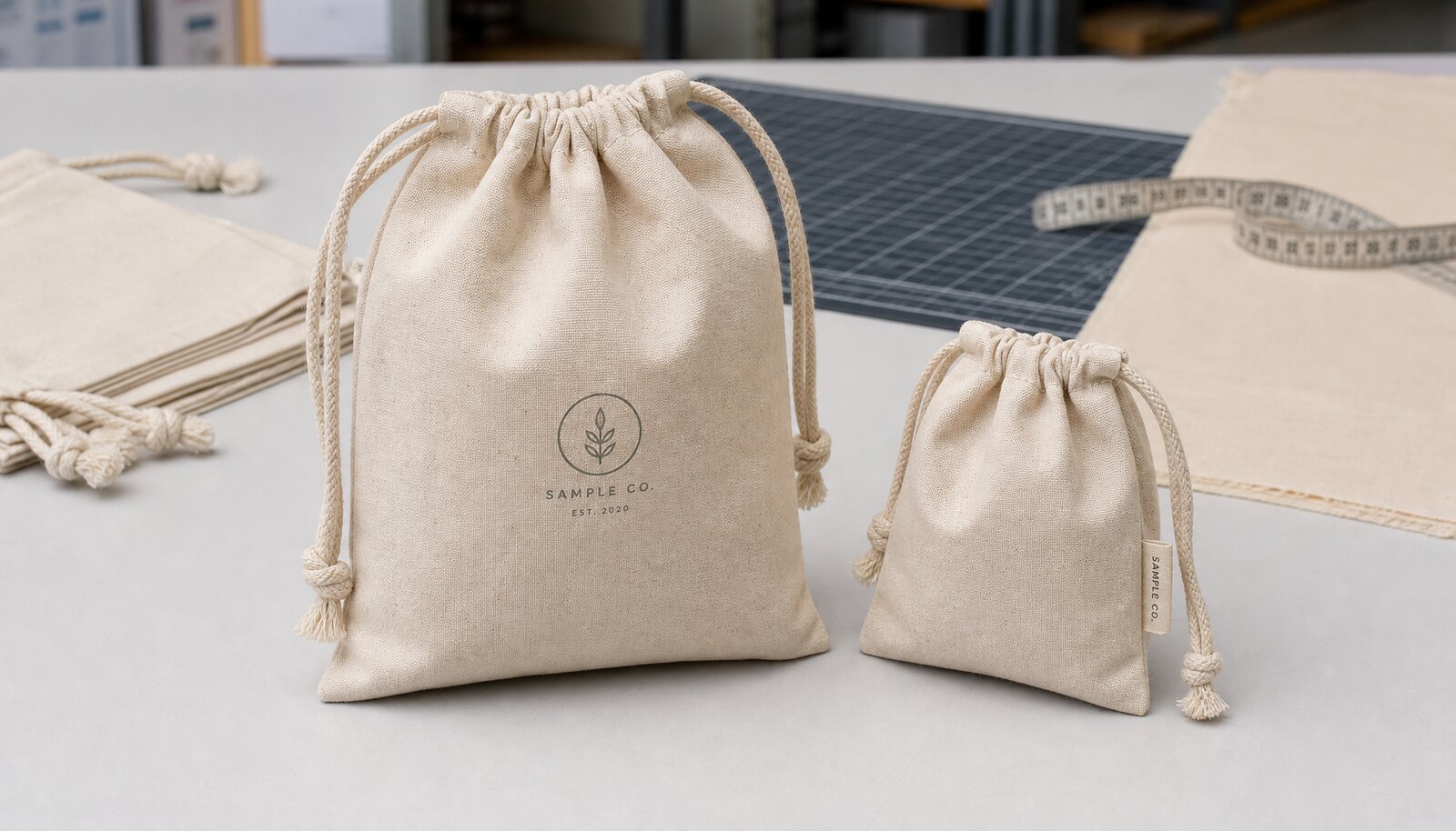 Natural cotton drawstring pouches with a sample logo printed on the front in a factory sampling room