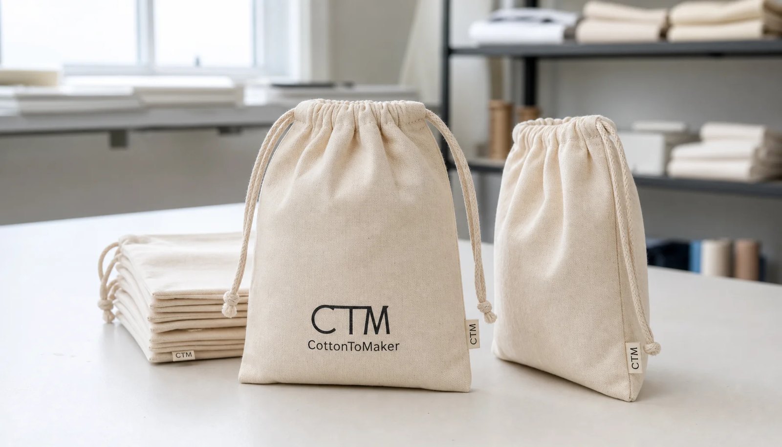 Natural cotton drawstring pouch sample with a simple CTM logo printed on the lower front panel in a clean factory sample room