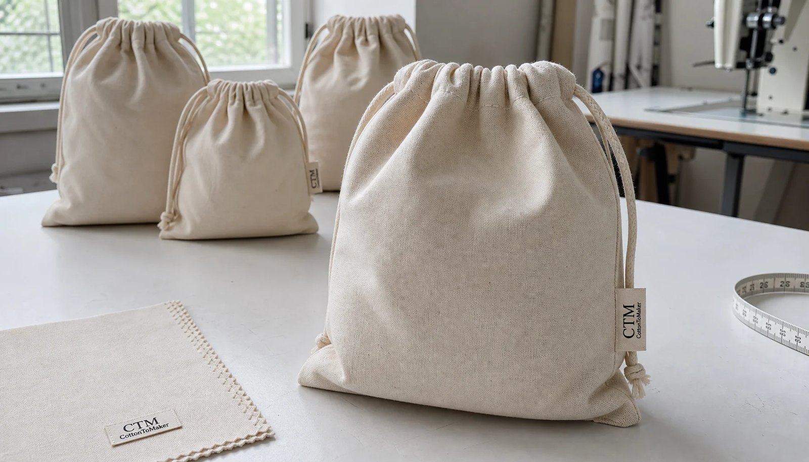 Natural cotton drawstring pouches with a small CTM sample logo sewn on a side label in a factory sample room