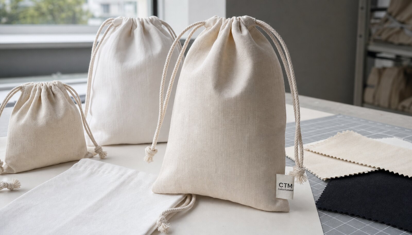Custom cotton drawstring pouches with a sewn CTM CottonToMaker side label displayed in a factory sample room