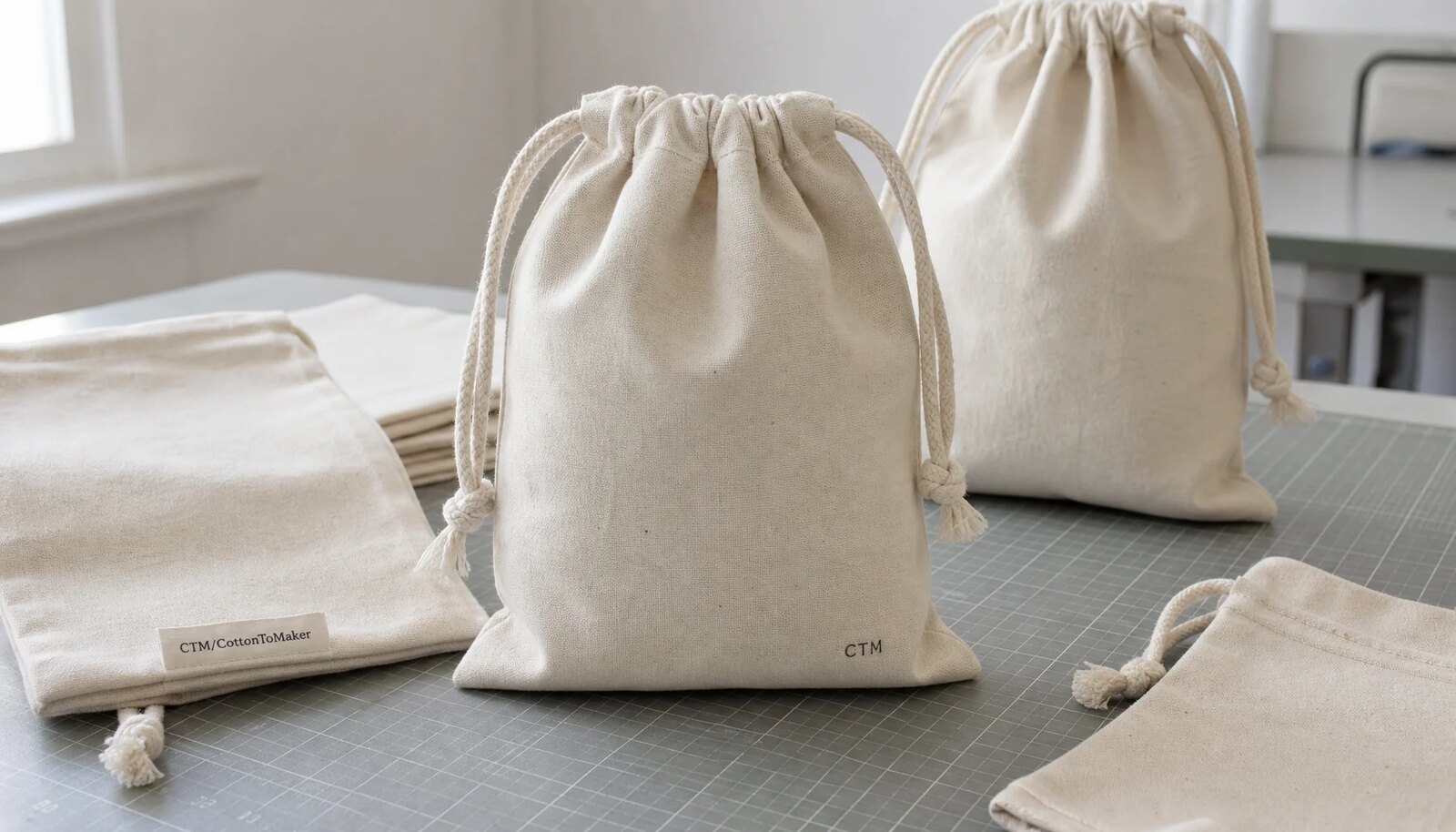 Custom cotton drawstring pouches with a small CTM logo shown in a clean factory sample room