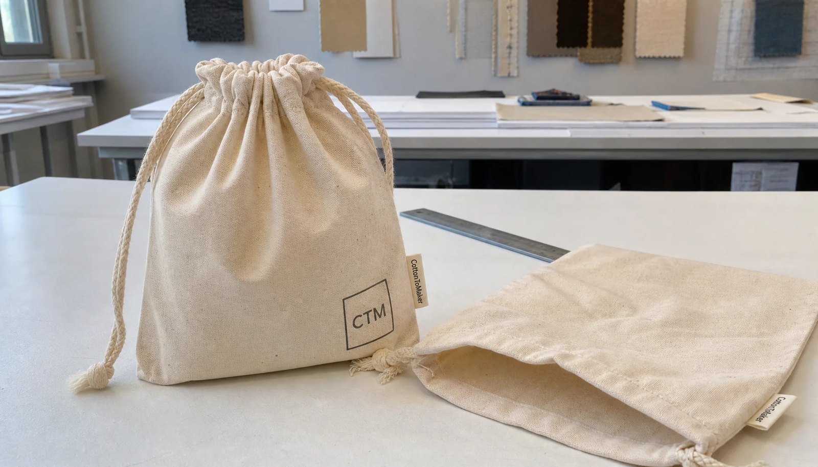 Natural custom cotton drawstring pouches with CTM sample logo and woven CottonToMaker side label in a factory sample room