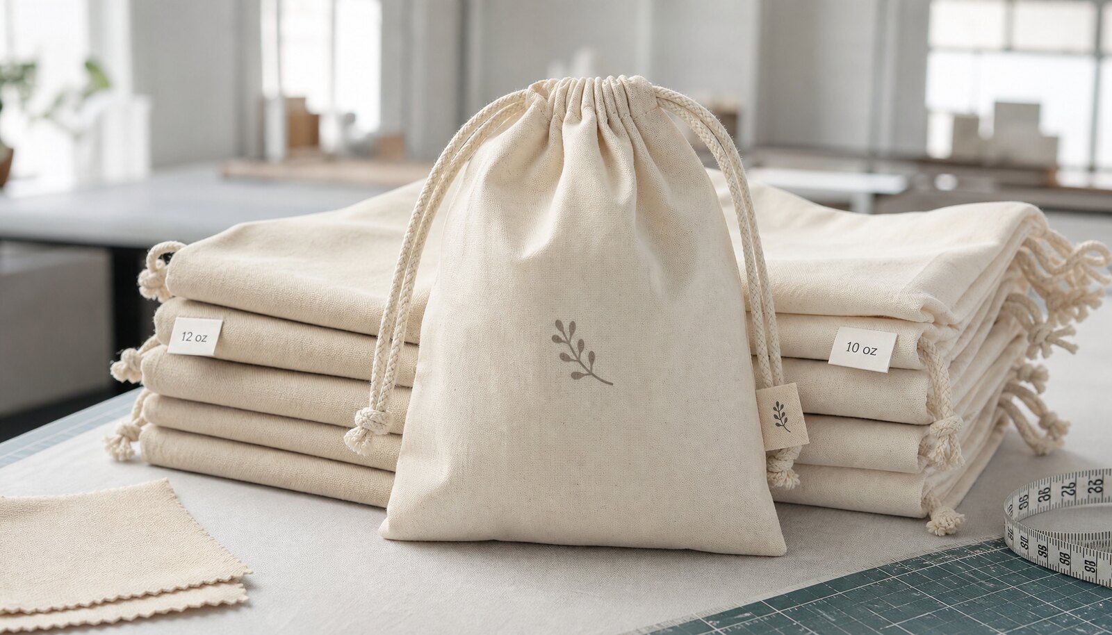 Photorealistic custom cotton drawstring pouches with a small side label shown in a factory sample room