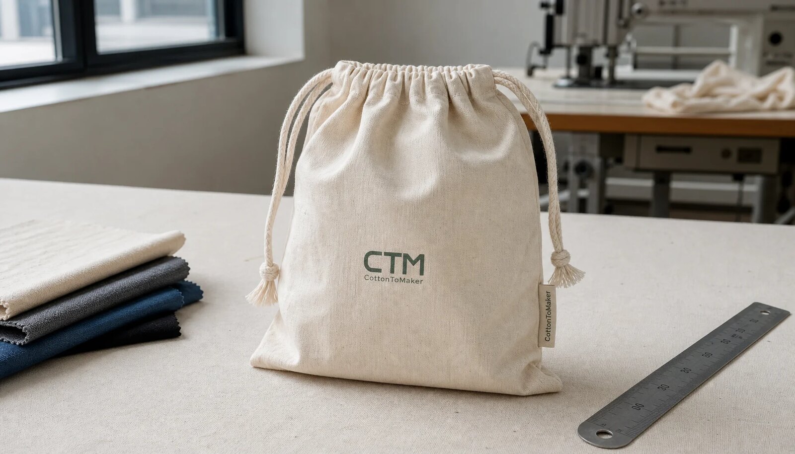 Natural cotton drawstring pouch with a small CTM CottonToMaker logo printed on the front in a clean sample room.
