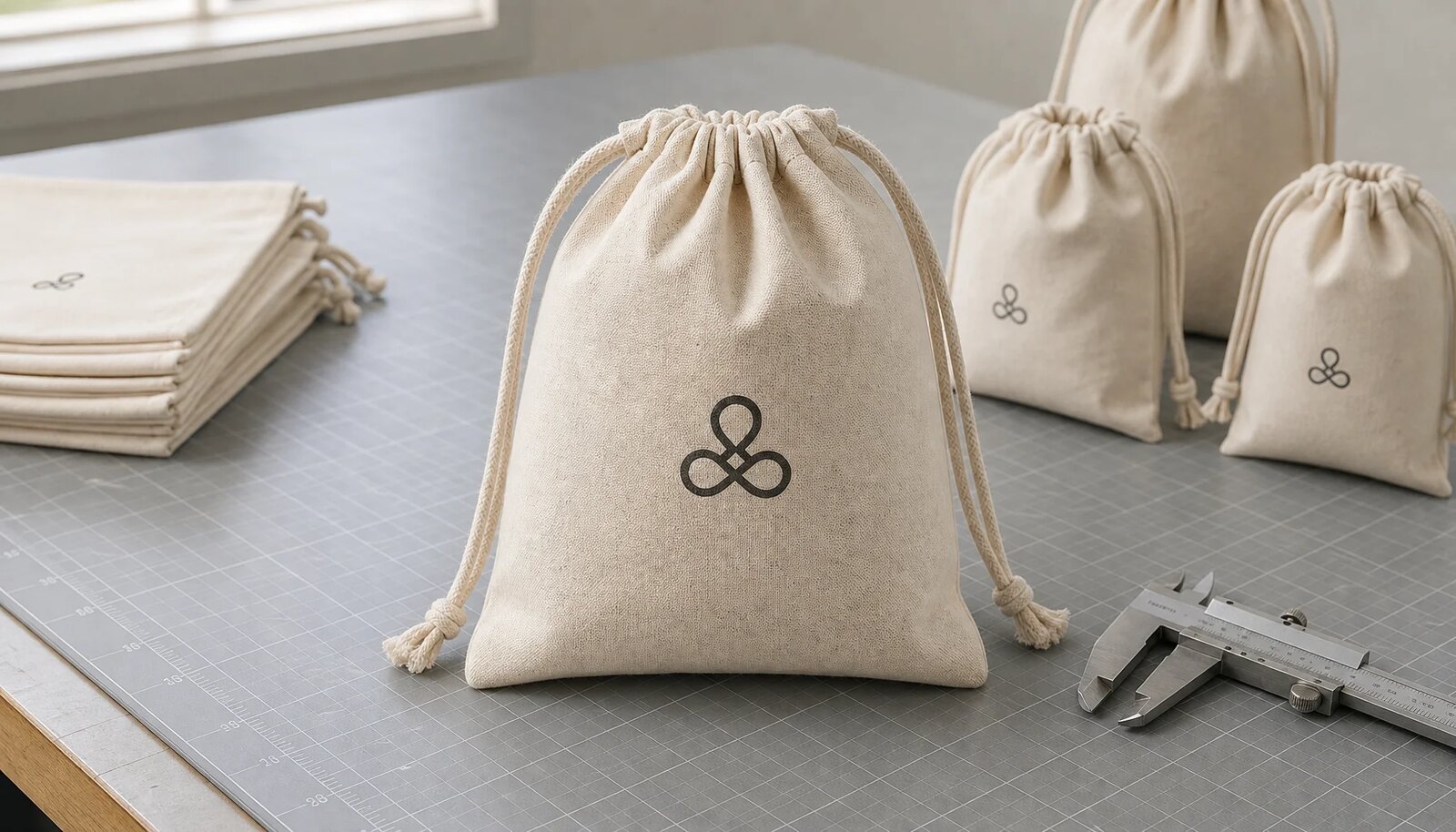 Custom cotton drawstring pouches with a printed sample and measurement tools in a factory sample room