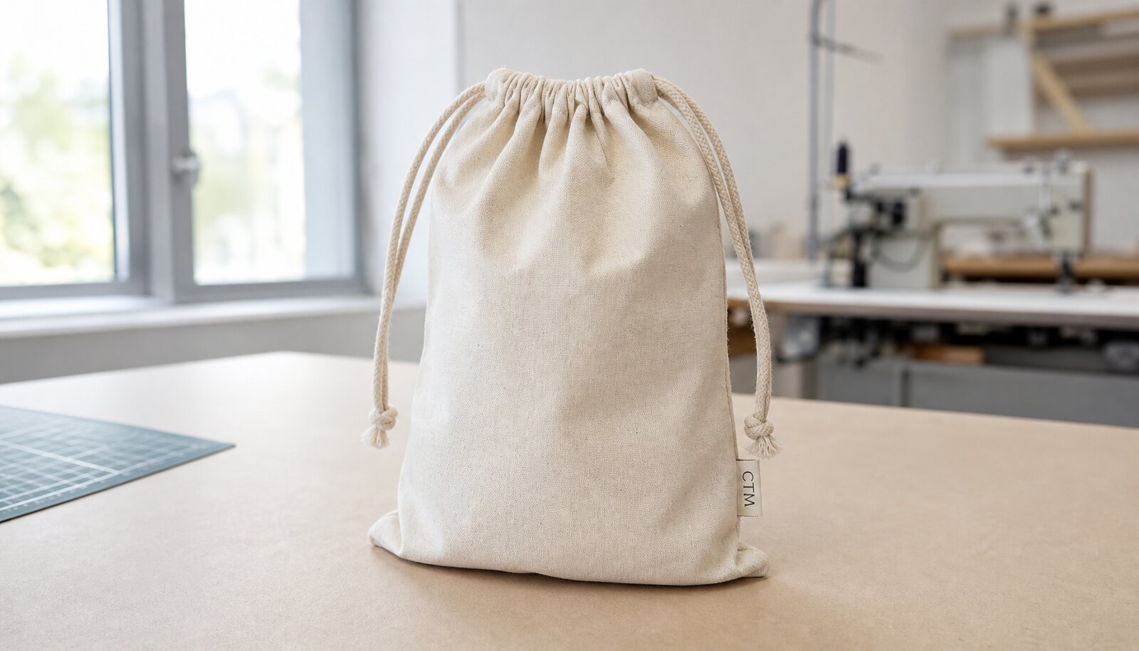 Natural cotton drawstring pouch with a sewn CTM sample label in a factory sample room.
