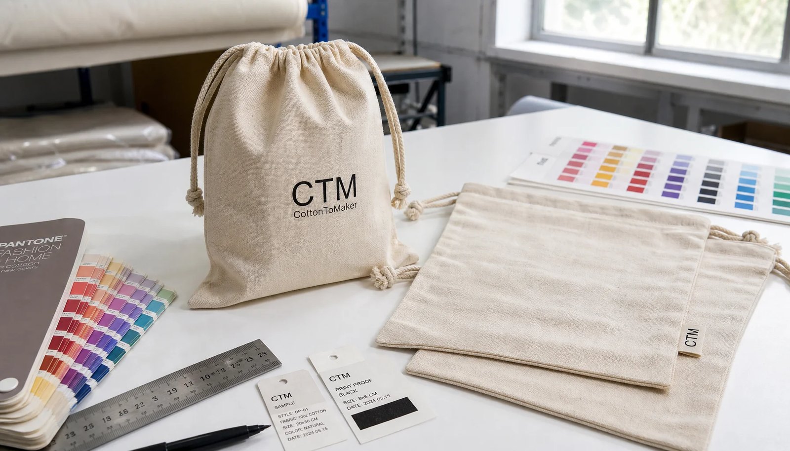 Custom cotton drawstring pouches with CTM sample logo on a factory proofing table