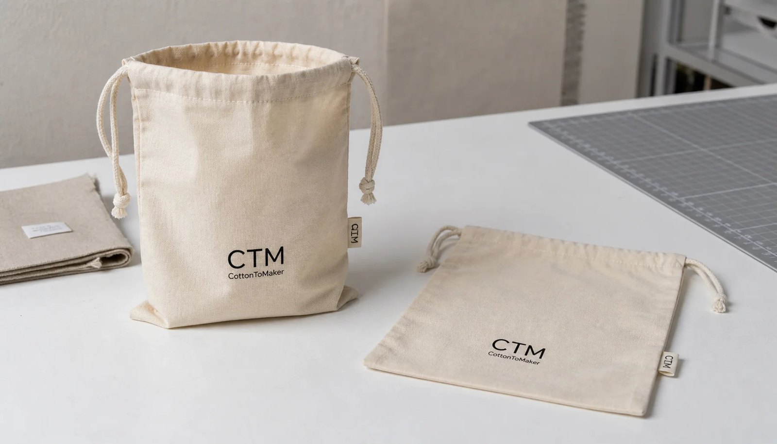 Natural cotton drawstring pouch with CTM CottonToMaker sample logo printed on the front