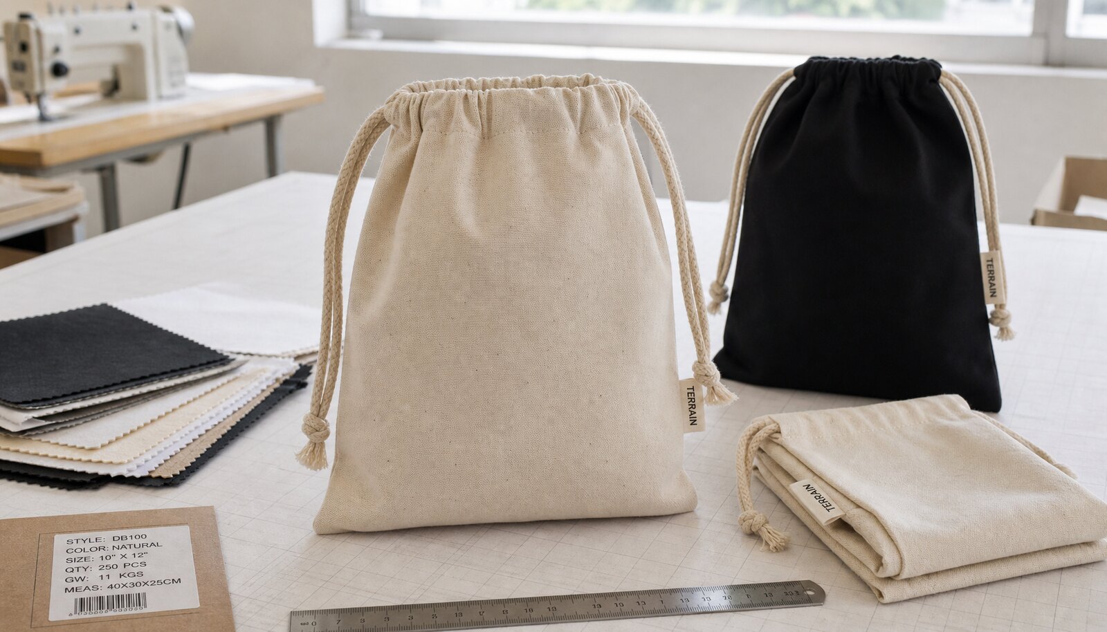 Custom cotton drawstring pouches with sample logo, fabric swatches, ruler, and packing label in a factory sample room
