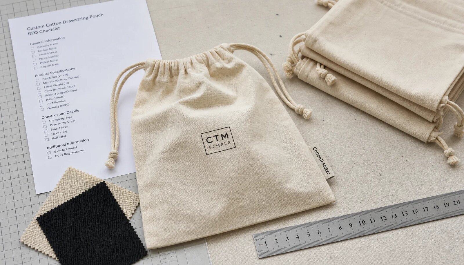 Natural cotton drawstring pouches with CTM printed logo, fabric swatches, ruler, and RFQ checklist on a clean sample table