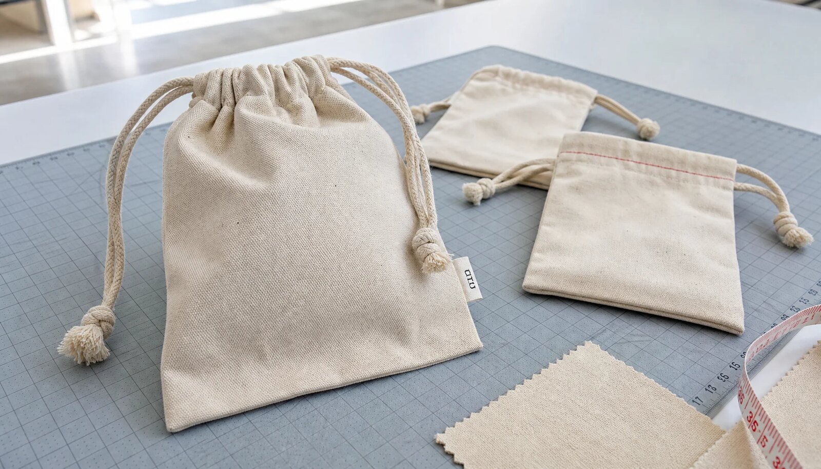 Custom cotton drawstring pouches with a CTM sample logo in a clean factory sample room