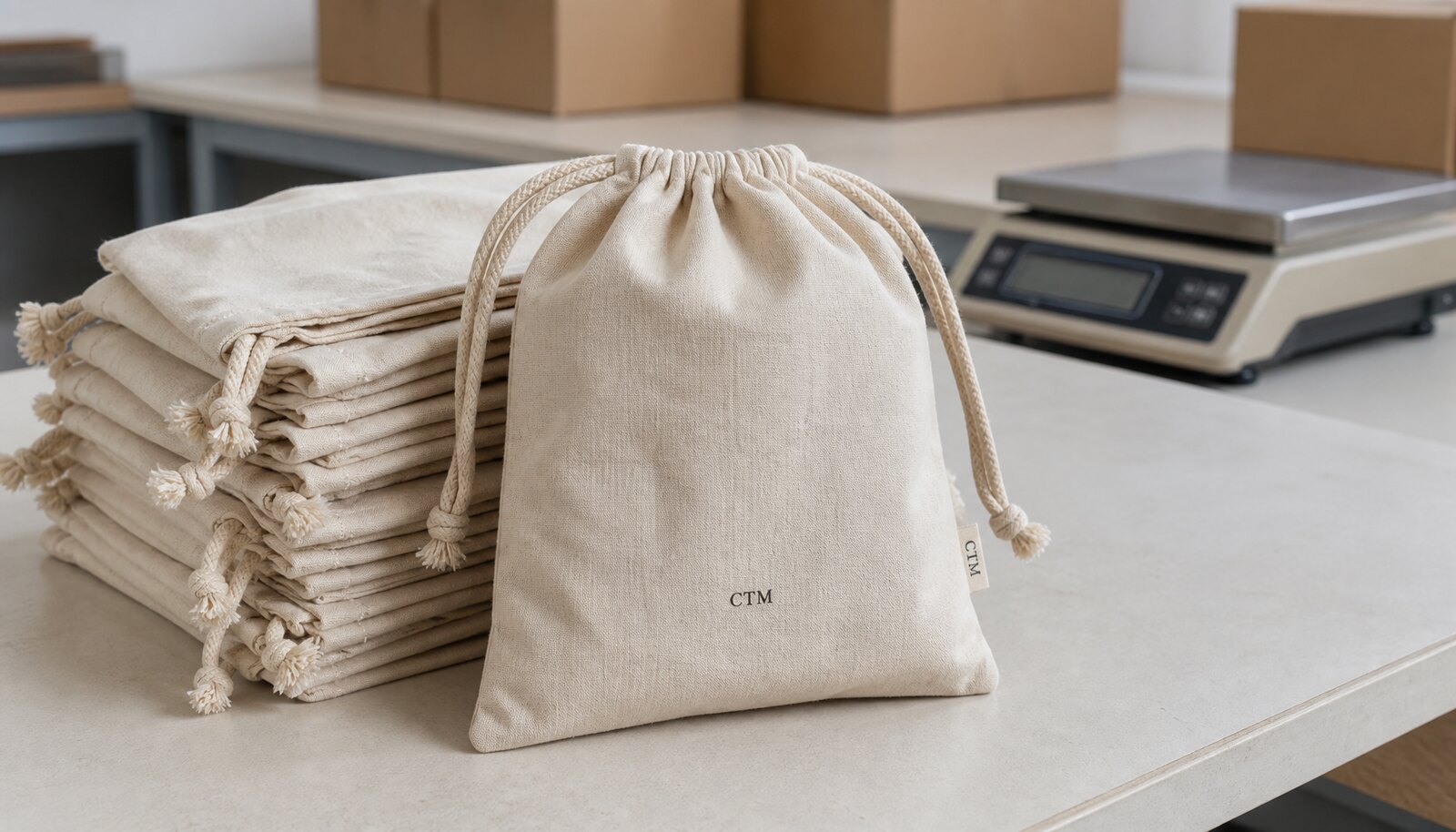 Custom cotton drawstring pouches with a simple CTM logo printed in a factory sample room beside packing cartons